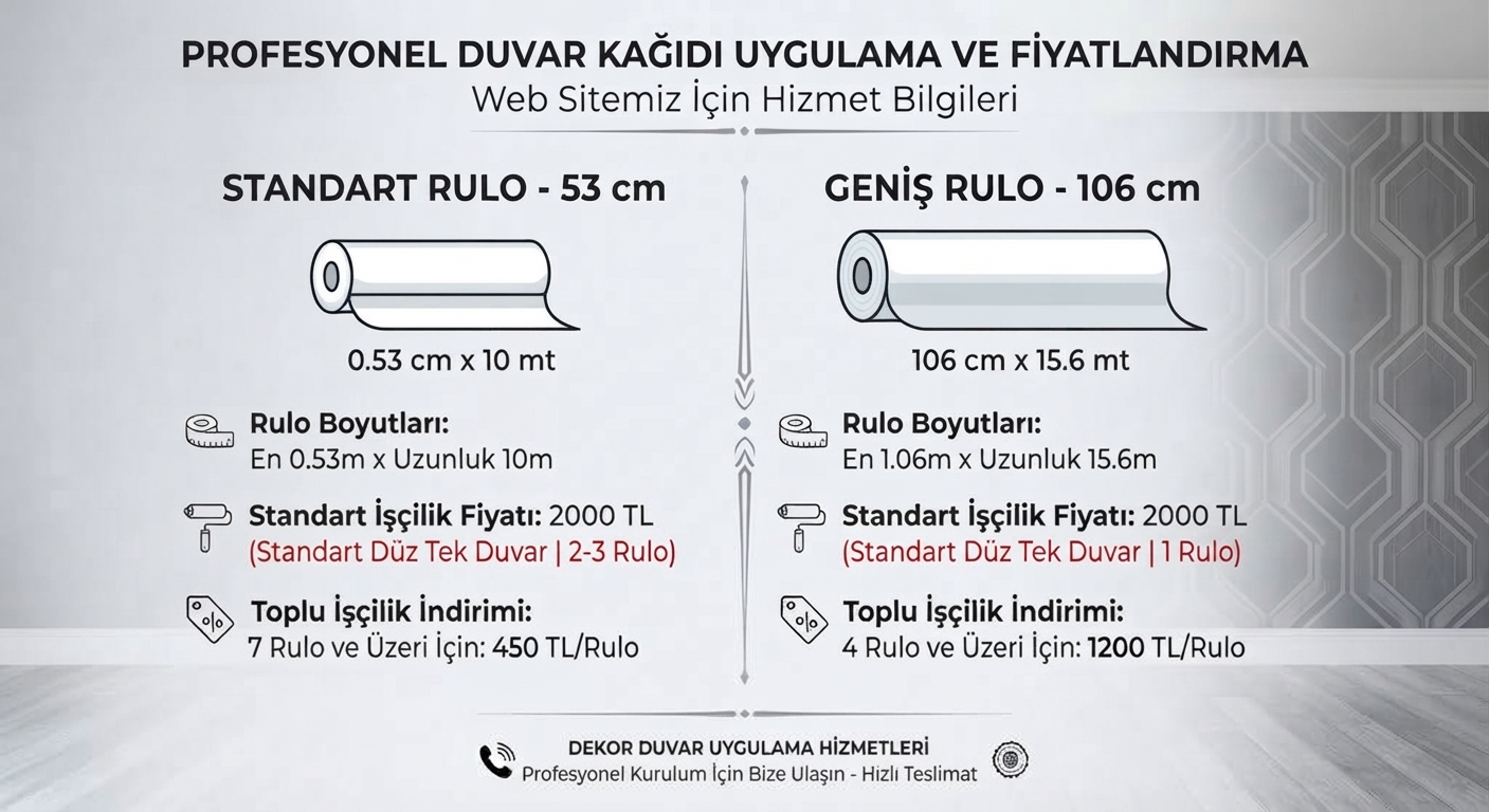 Profesyonel duvar kağıdı uygulama ve fiyatlandırma — standart rulo 53 cm ve geniş rulo 106 cm işçilik fiyatları